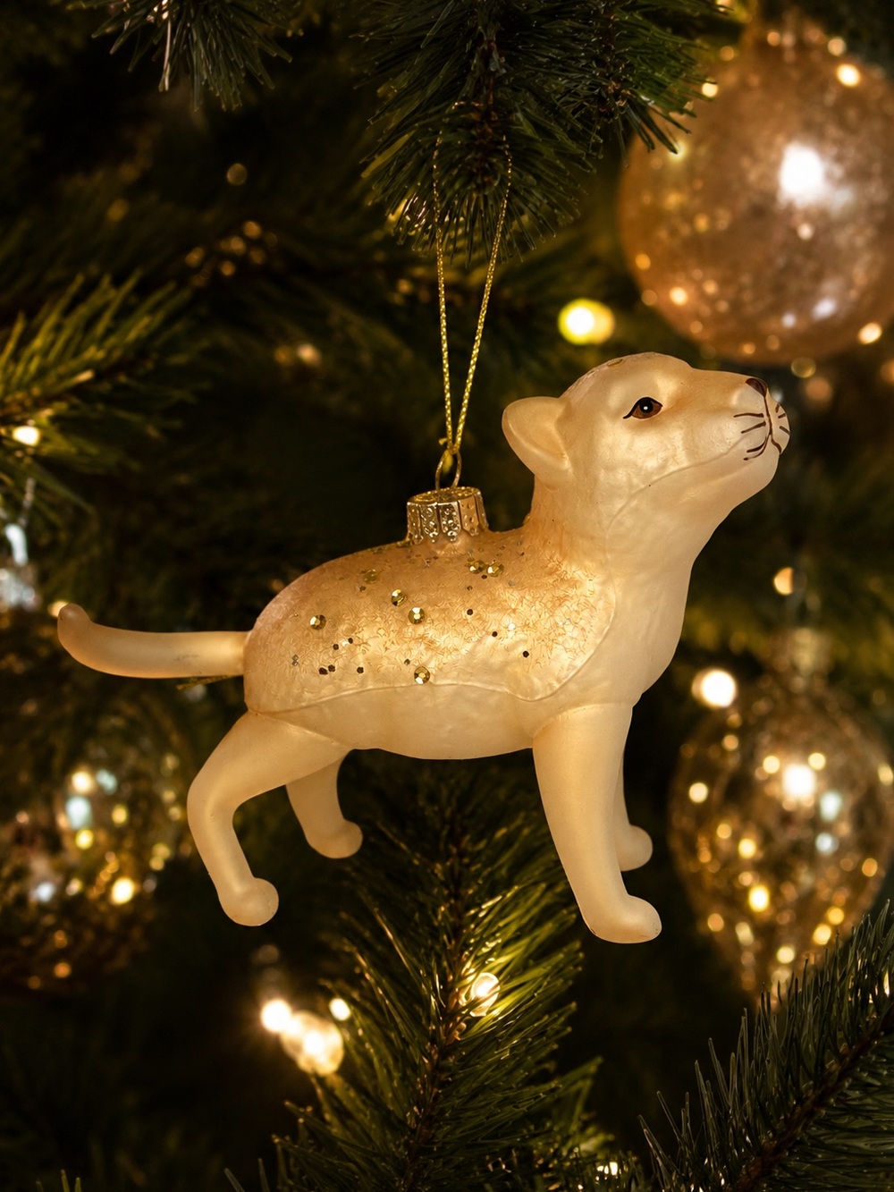 Bloomingdale’s Glass Cat Ornament Ivory Gold Sequin Christmas Decor NWT